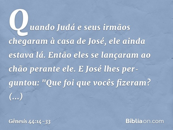 Quando Judá e seus irmãos chegaram à casa de José, ele ainda estava lá. Então eles se lançaram ao chão perante ele. E José lhes per­guntou: "Que foi que vocês f