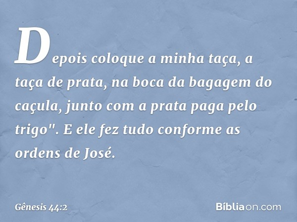 Depois coloque a minha taça, a taça de prata, na boca da bagagem do caçula, junto com a prata paga pelo trigo". E ele fez tudo conforme as ordens de José. -- Gê