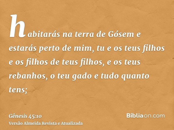 habitarás na terra de Gósem e estarás perto de mim, tu e os teus filhos e os filhos de teus filhos, e os teus rebanhos, o teu gado e tudo quanto tens;