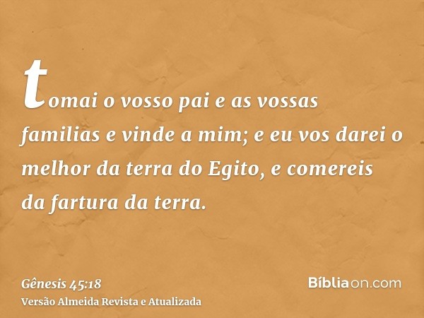 tomai o vosso pai e as vossas familias e vinde a mim; e eu vos darei o melhor da terra do Egito, e comereis da fartura da terra.