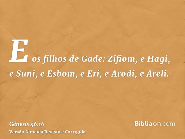 E os filhos de Gade: Zifiom, e Hagi, e Suni, e Esbom, e Eri, e Arodi, e Areli.