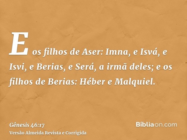 E os filhos de Aser: Imna, e Isvá, e Isvi, e Berias, e Será, a irmã deles; e os filhos de Berias: Héber e Malquiel.