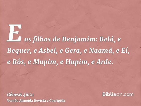 E os filhos de Benjamim: Belá, e Bequer, e Asbel, e Gera, e Naamã, e Eí, e Rôs, e Mupim, e Hupim, e Arde.