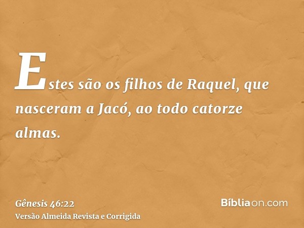 Estes são os filhos de Raquel, que nasceram a Jacó, ao todo catorze almas.