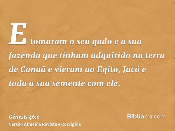 E tomaram o seu gado e a sua fazenda que tinham adquirido na terra de Canaã e vieram ao Egito, Jacó e toda a sua semente com ele.
