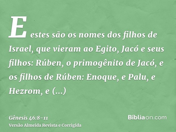 E estes são os nomes dos filhos de Israel, que vieram ao Egito, Jacó e seus filhos: Rúben, o primogênito de Jacó,e os filhos de Rúben: Enoque, e Palu, e Hezrom,