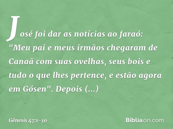 José foi dar as notícias ao faraó: "Meu pai e meus irmãos chegaram de Canaã com suas ovelhas, seus bois e tudo o que lhes pertence, e estão agora em Gósen". Dep