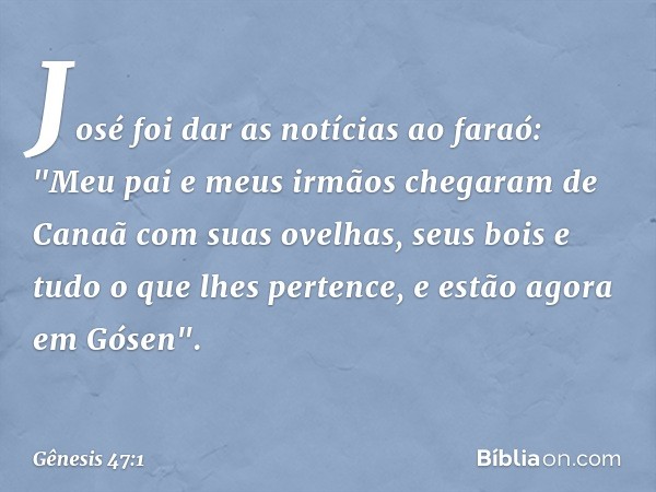 José foi dar as notícias ao faraó: "Meu pai e meus irmãos chegaram de Canaã com suas ovelhas, seus bois e tudo o que lhes pertence, e estão agora em Gósen". -- 