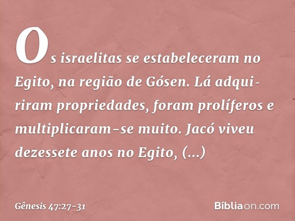 Os israelitas se estabeleceram no Egito, na região de Gósen. Lá adqui­riram proprieda­des, foram prolíferos e multiplicaram-se muito. Jacó viveu dezessete anos 