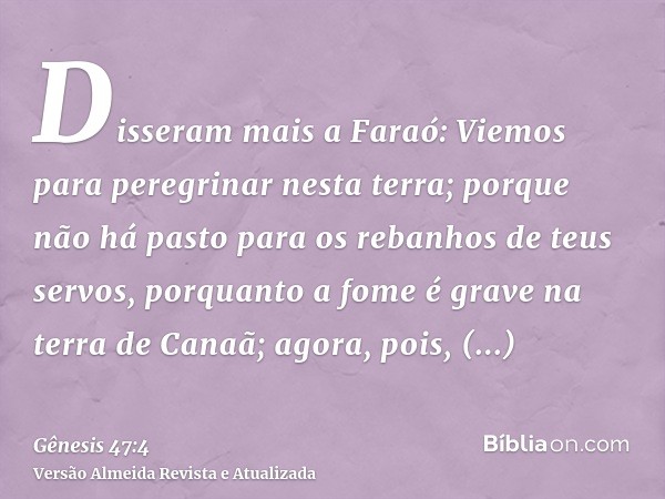 Disseram mais a Faraó: Viemos para peregrinar nesta terra; porque não há pasto para os rebanhos de teus servos, porquanto a fome é grave na terra de Canaã; agor