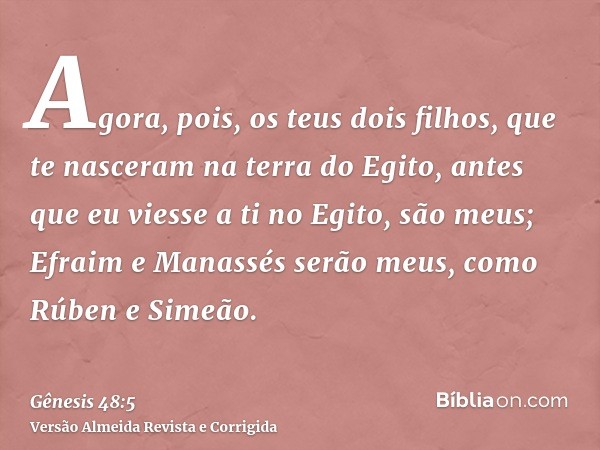 Agora, pois, os teus dois filhos, que te nasceram na terra do Egito, antes que eu viesse a ti no Egito, são meus; Efraim e Manassés serão meus, como Rúben e Sim