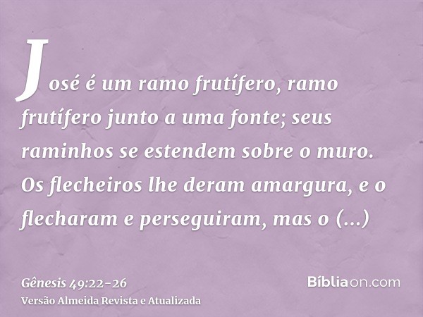 José é um ramo frutífero, ramo frutífero junto a uma fonte; seus raminhos se estendem sobre o muro.Os flecheiros lhe deram amargura, e o flecharam e perseguiram