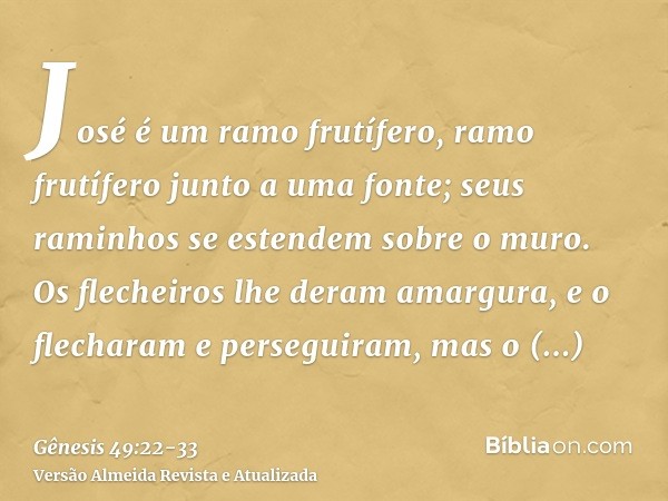 José é um ramo frutífero, ramo frutífero junto a uma fonte; seus raminhos se estendem sobre o muro.Os flecheiros lhe deram amargura, e o flecharam e perseguiram