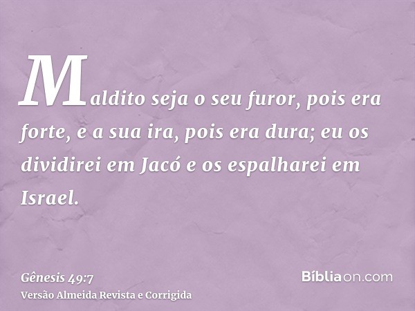Maldito seja o seu furor, pois era forte, e a sua ira, pois era dura; eu os dividirei em Jacó e os espalharei em Israel.