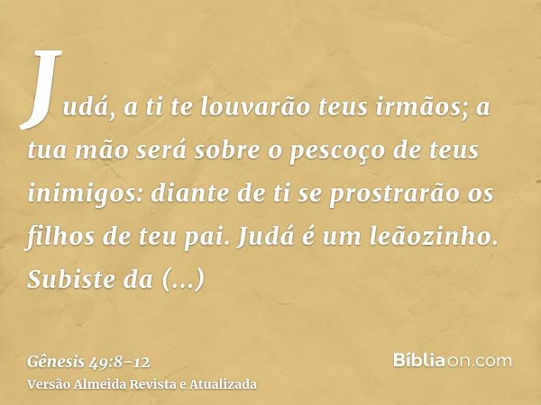 Judá, a ti te louvarão teus irmãos; a tua mão será sobre o pescoço de teus inimigos: diante de ti se prostrarão os filhos de teu pai.Judá é um leãozinho. Subist