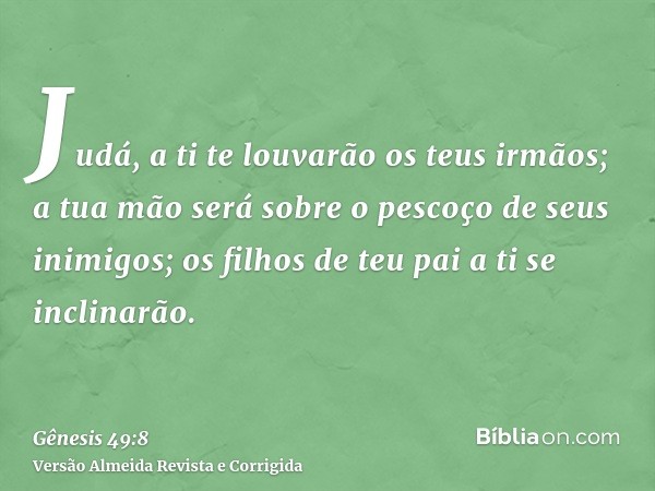 Judá, a ti te louvarão os teus irmãos; a tua mão será sobre o pescoço de seus inimigos; os filhos de teu pai a ti se inclinarão.