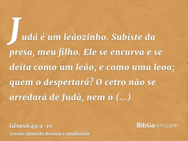 Judá é um leãozinho. Subiste da presa, meu filho. Ele se encurva e se deita como um leão, e como uma leoa; quem o despertará?O cetro não se arredará de Judà, ne