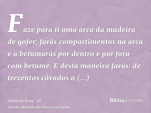 Faze para ti uma arca da madeira de gofer; farás compartimentos na arca e a betumarás por dentro e por fora com betume.E desta maneira farás: de trezentos côvad