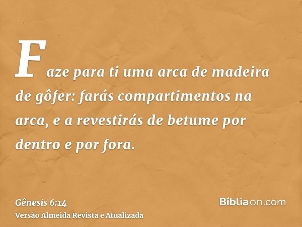 Faze para ti uma arca de madeira de gôfer: farás compartimentos na arca, e a revestirás de betume por dentro e por fora.