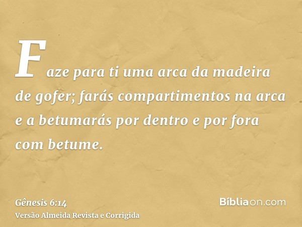 Faze para ti uma arca da madeira de gofer; farás compartimentos na arca e a betumarás por dentro e por fora com betume.