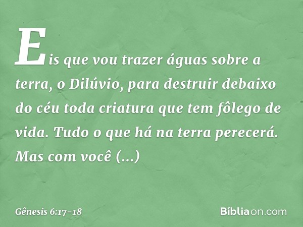 "Eis que vou trazer águas sobre a terra, o Dilúvio, para destruir debaixo do céu toda criatura que tem fôlego de vida. Tudo o que há na terra perecerá. Mas com 