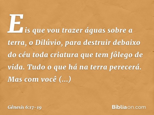 "Eis que vou trazer águas sobre a terra, o Dilúvio, para destruir debaixo do céu toda criatura que tem fôlego de vida. Tudo o que há na terra perecerá. Mas com 