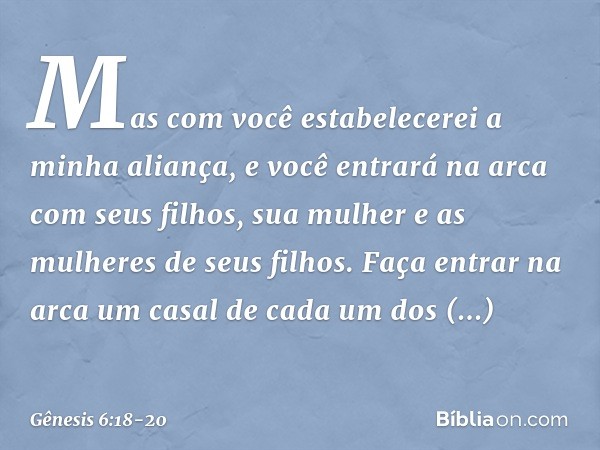 Mas com você estabelecerei a minha aliança, e você entrará na arca com seus filhos, sua mulher e as mulheres de seus filhos. Faça entrar na arca um casal de cad