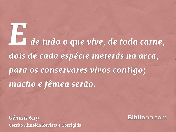 E de tudo o que vive, de toda carne, dois de cada espécie meterás na arca, para os conservares vivos contigo; macho e fêmea serão.
