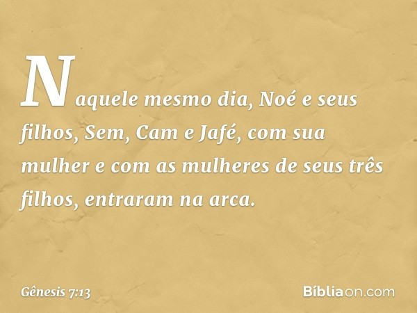 Naquele mesmo dia, Noé e seus filhos, Sem, Cam e Jafé, com sua mulher e com as mu­lheres de seus três filhos, entraram na arca. -- Gênesis 7:13