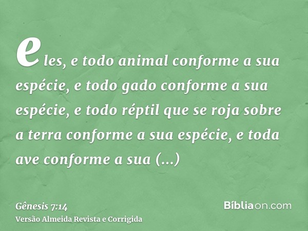 eles, e todo animal conforme a sua espécie, e todo gado conforme a sua espécie, e todo réptil que se roja sobre a terra conforme a sua espécie, e toda ave confo