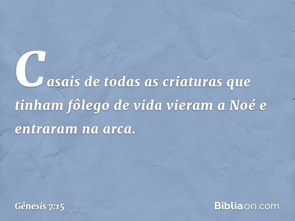 Casais de todas as criaturas que tinham fôlego de vida vieram a Noé e entraram na arca. -- Gênesis 7:15