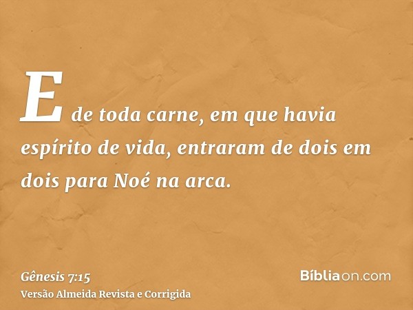 E de toda carne, em que havia espírito de vida, entraram de dois em dois para Noé na arca.