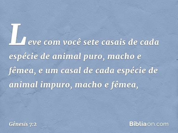 Leve com você sete casais de cada espécie de animal puro, macho e fêmea, e um casal de cada espécie de animal impuro, macho e fêmea, -- Gênesis 7:2