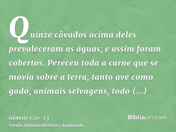 Quinze côvados acima deles prevaleceram as águas; e assim foram cobertos.Pereceu toda a carne que se movia sobre a terra, tanto ave como gado, animais selvagens