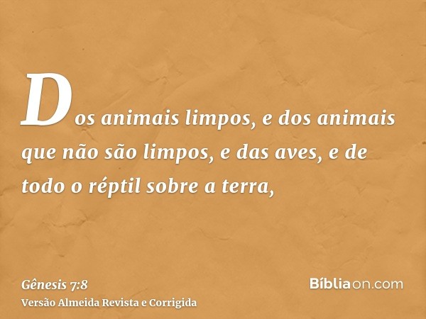 Dos animais limpos, e dos animais que não são limpos, e das aves, e de todo o réptil sobre a terra,