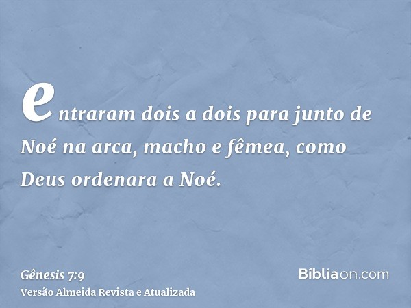 entraram dois a dois para junto de Noé na arca, macho e fêmea, como Deus ordenara a Noé.