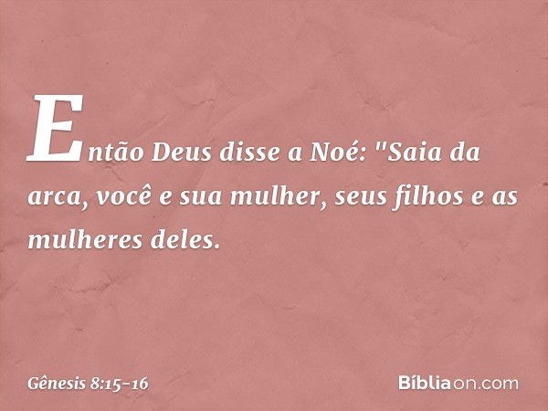 Então Deus disse a Noé: "Saia da arca, você e sua mulher, seus filhos e as mulheres deles. -- Gênesis 8:15-16