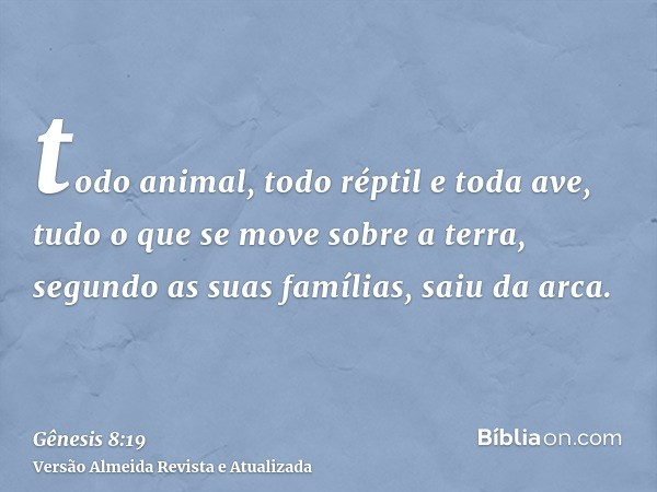 todo animal, todo réptil e toda ave, tudo o que se move sobre a terra, segundo as suas famílias, saiu da arca.