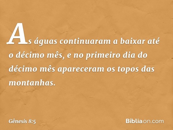 As águas continuaram a baixar até o décimo mês, e no primeiro dia do décimo mês aparece­ram os topos das montanhas. -- Gênesis 8:5