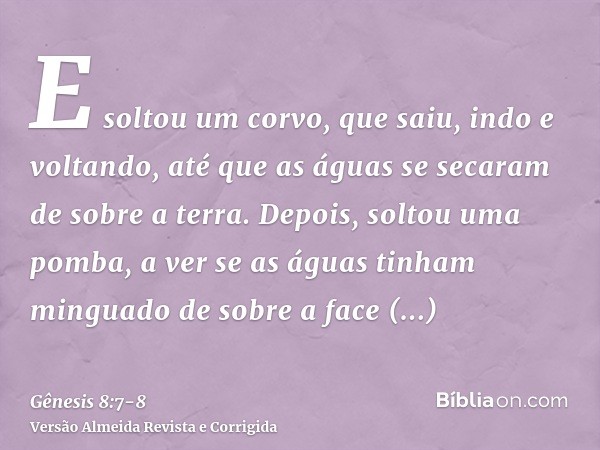 E soltou um corvo, que saiu, indo e voltando, até que as águas se secaram de sobre a terra.Depois, soltou uma pomba, a ver se as águas tinham minguado de sobre