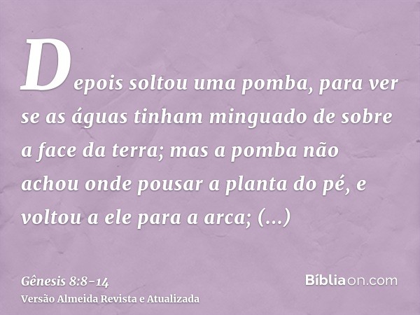 Depois soltou uma pomba, para ver se as águas tinham minguado de sobre a face da terra;mas a pomba não achou onde pousar a planta do pé, e voltou a ele para a a