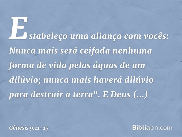 Estabeleço uma aliança com vocês: Nunca mais será ceifada nenhuma forma de vida pelas águas de um dilúvio; nunca mais haverá dilúvio para destruir a terra". E