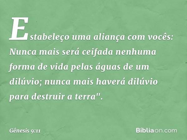 Esta­beleço uma aliança com vocês: Nunca mais será ceifada nenhuma forma de vida pelas águas de um dilúvio; nunca mais haverá dilúvio para des­truir a terra". -