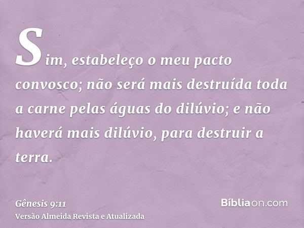 Sim, estabeleço o meu pacto convosco; não será mais destruída toda a carne pelas águas do dilúvio; e não haverá mais dilúvio, para destruir a terra.