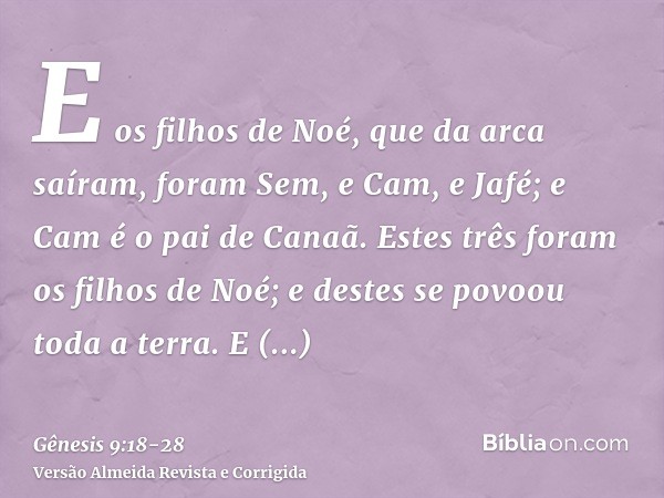 E os filhos de Noé, que da arca saíram, foram Sem, e Cam, e Jafé; e Cam é o pai de Canaã.Estes três foram os filhos de Noé; e destes se povoou toda a terra.E co