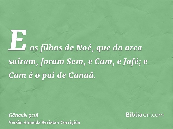 E os filhos de Noé, que da arca saíram, foram Sem, e Cam, e Jafé; e Cam é o pai de Canaã.
