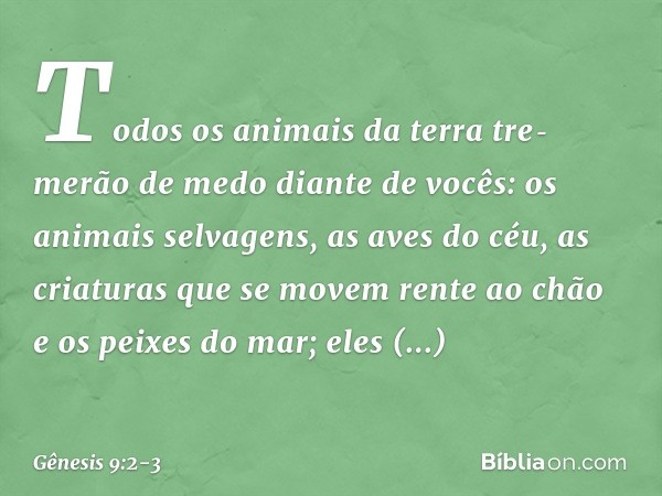 Todos os animais da terra tremerão de medo diante de vocês: os animais selvagens, as aves do céu, as criaturas que se movem rente ao chão e os peixes do mar;