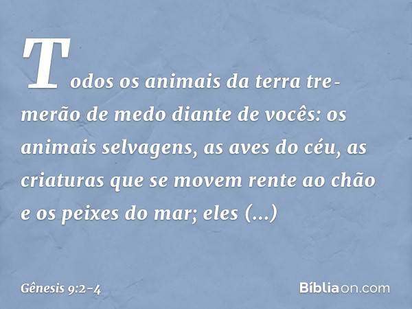 Todos os animais da terra tre­merão de medo diante de vocês: os animais sel­vagens, as aves do céu, as criaturas que se mo­vem rente ao chão e os peixes do mar;