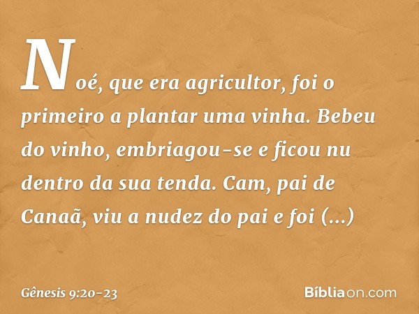 Noé, que era agricultor, foi o primeiro a plan­tar uma vinha. Be­beu do vinho, embriagou-se e ficou nu dentro da sua tenda. Cam, pai de Canaã, viu a nudez do pa