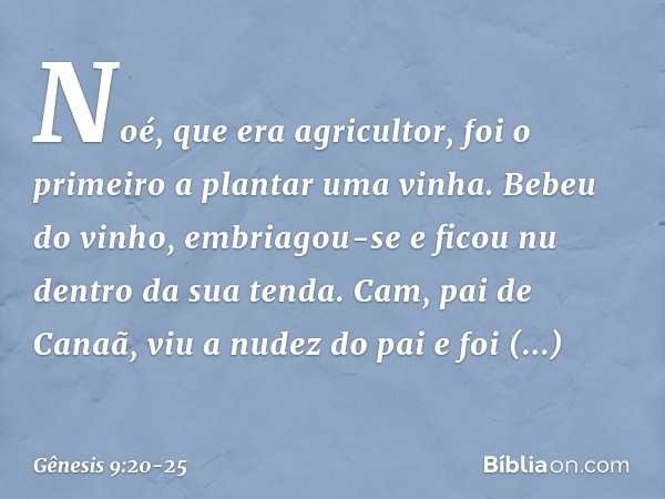 Noé, que era agricultor, foi o primeiro a plan­tar uma vinha. Be­beu do vinho, embriagou-se e ficou nu dentro da sua tenda. Cam, pai de Canaã, viu a nudez do pa